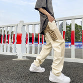 Hearujoy Hip Hop Khaki Cashew Flower Straight Leg Pants Overalls Ink Splashing Stitching Straight Canvas Trousers Retro Cargo Pants Men